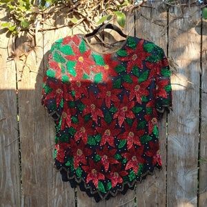 LAURENCE KAZAR SEQUIN POINSETTIA TOP